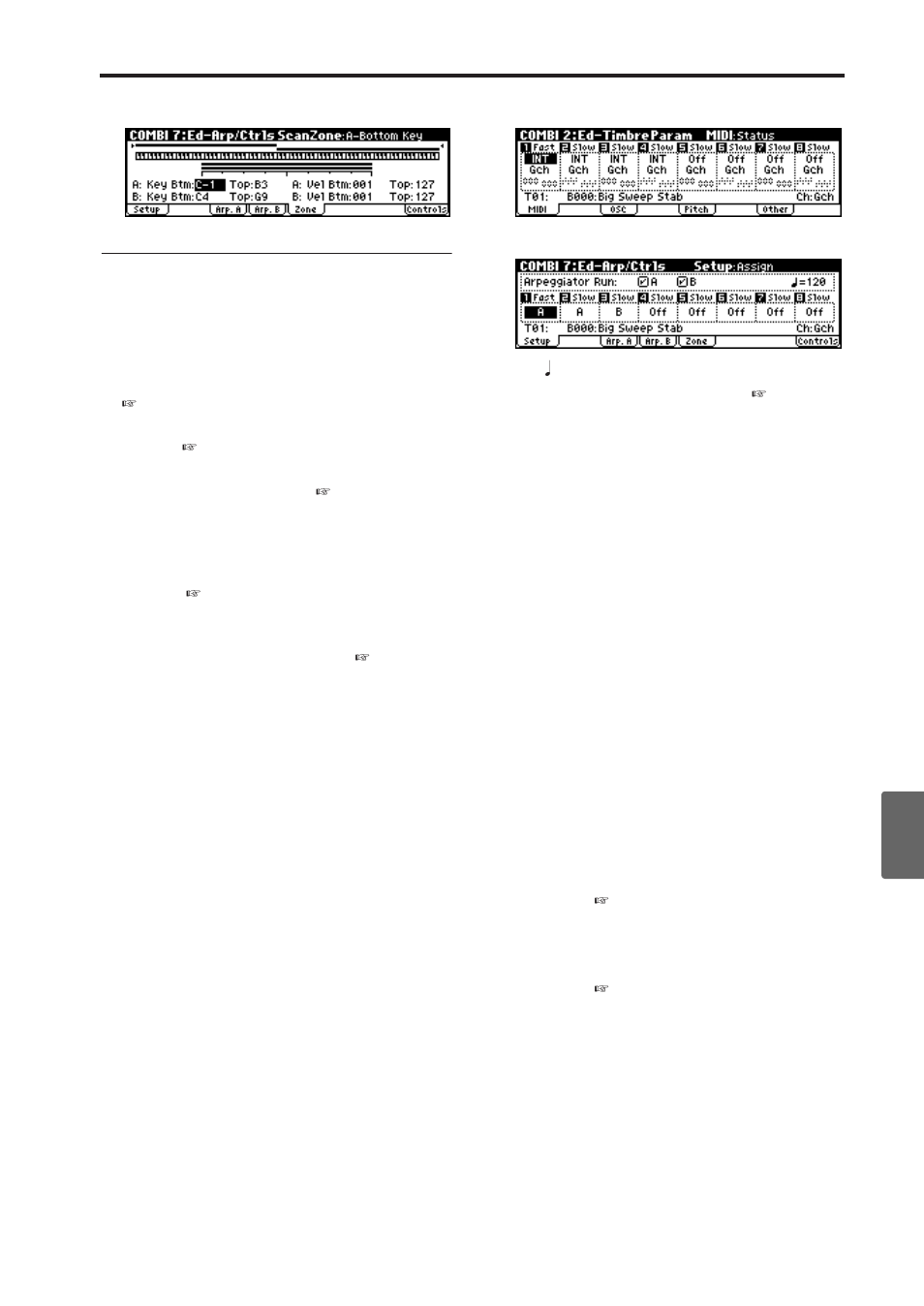 P.97), Dual polyphonic arpeggiator set- tings, Arpeggiator on/off | Arpeggiator settings | KORG X50 User Manual | Page 103 / 132