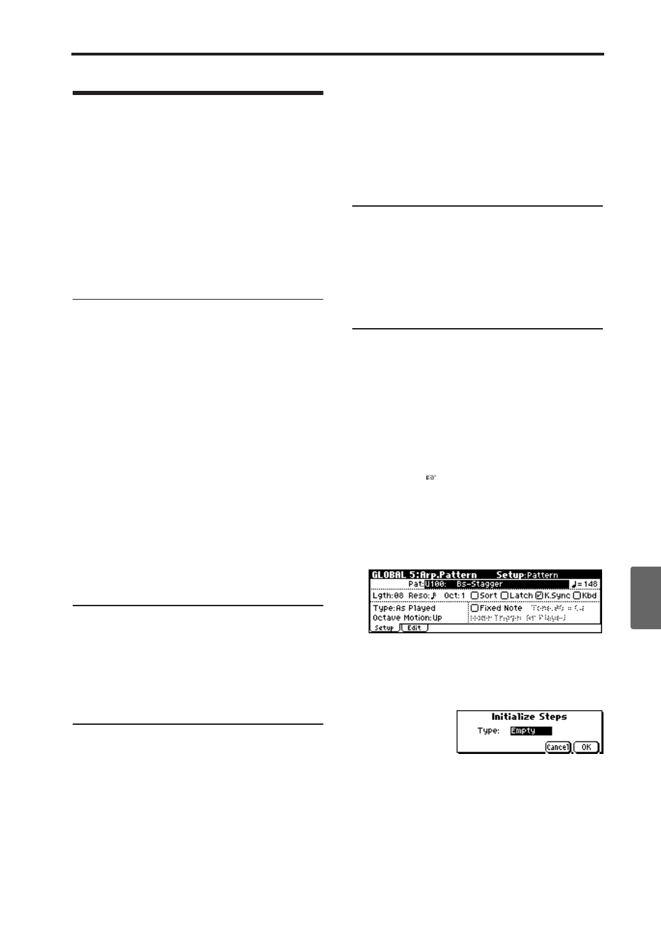 Creating a user arpeggio pattern, Creating a user arpeggio pat- tern, Saving and comparing data | Initializing an arpeggio pattern | KORG X50 User Manual | Page 105 / 132