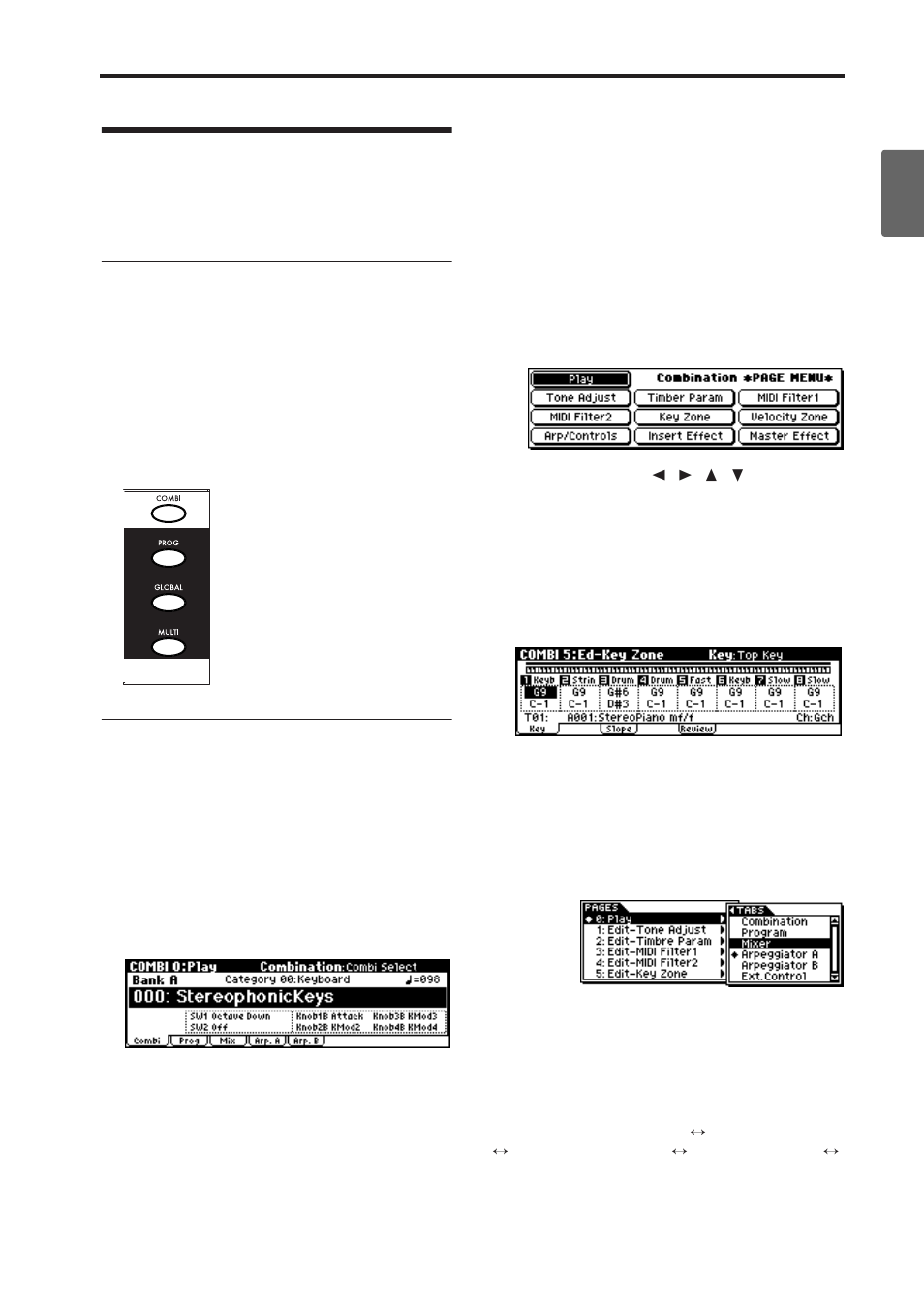 Basic operations, Four modes, P.19) | Button, Selecting modes, Selecting pages, Selecting a page | KORG X50 User Manual | Page 25 / 132