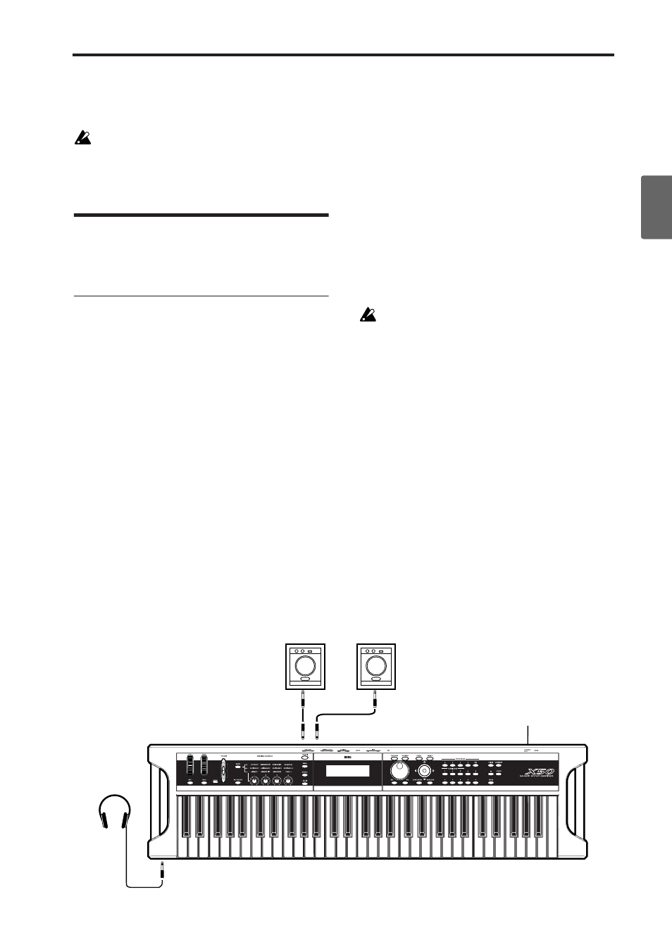 Connections, Basic connections, P.25) | Connecting audio output devices, Connecting the main output l/mono and r, Connecting individual output 1 and 2 | KORG X50 User Manual | Page 31 / 132