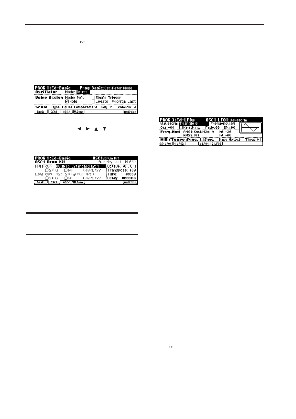 Using lfos and envelopes (egs), Using lfos, Selecting a drum kit | Basic lfo settings | KORG X50 User Manual | Page 56 / 132