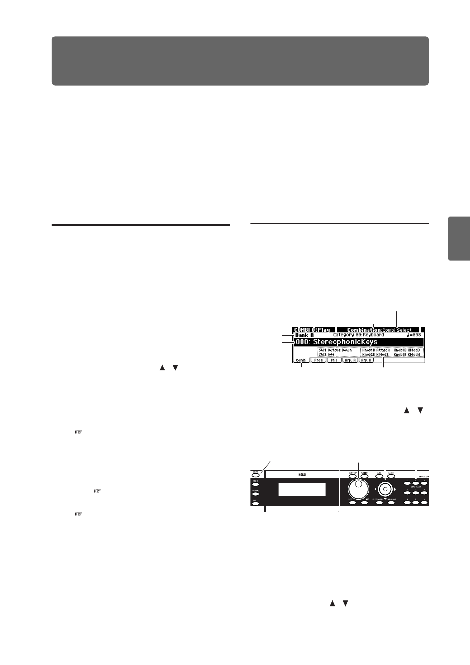 Playing and editing combinations, Playing combinations, Selecting combinations | Playing and editing combinations.57, P.57, 60), Selecting combinations from the front panel, What’s a combination | KORG X50 User Manual | Page 63 / 132