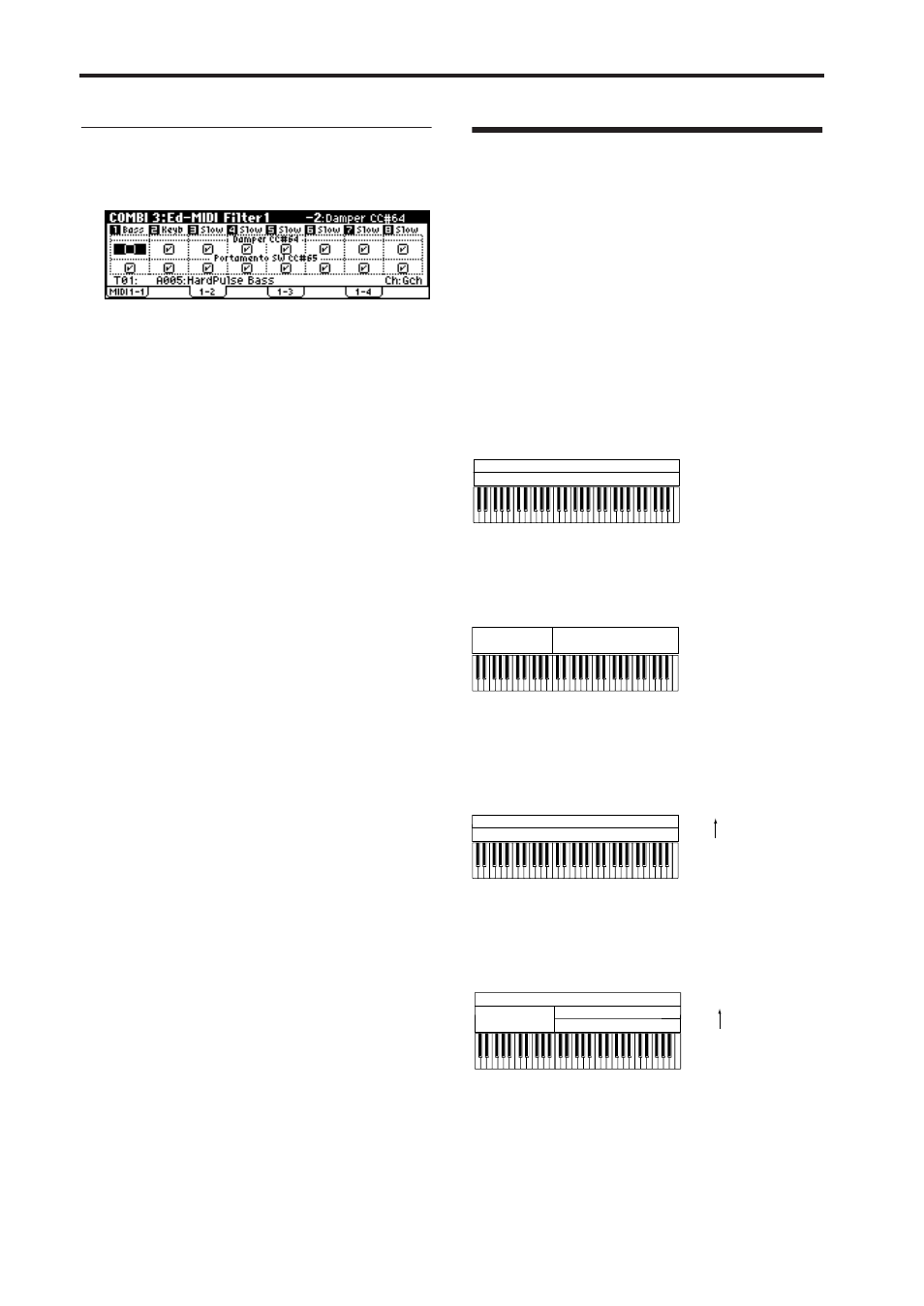 Layers, splits, and velocity switches, 64 midi filter settings, Layer | Split, Velocity switch, Playing and editing combinations | KORG X50 User Manual | Page 70 / 132