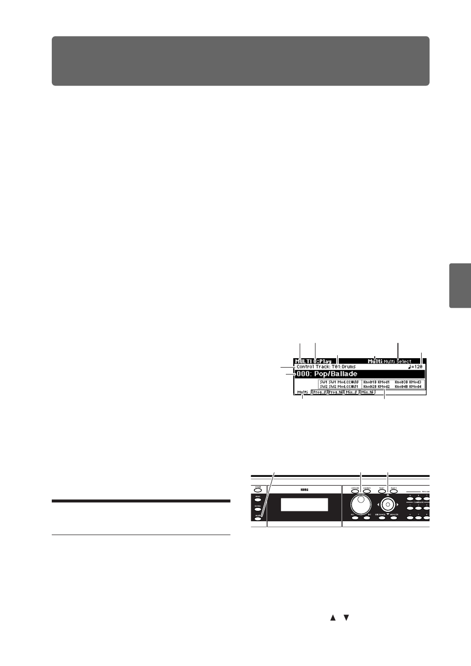 Using and editing multi sets, Midi considerations, Selecting a multi set | Two arpeggiator, P.69), Selecting multi sets from the front panel, The “multi mode” setting | KORG X50 User Manual | Page 75 / 132