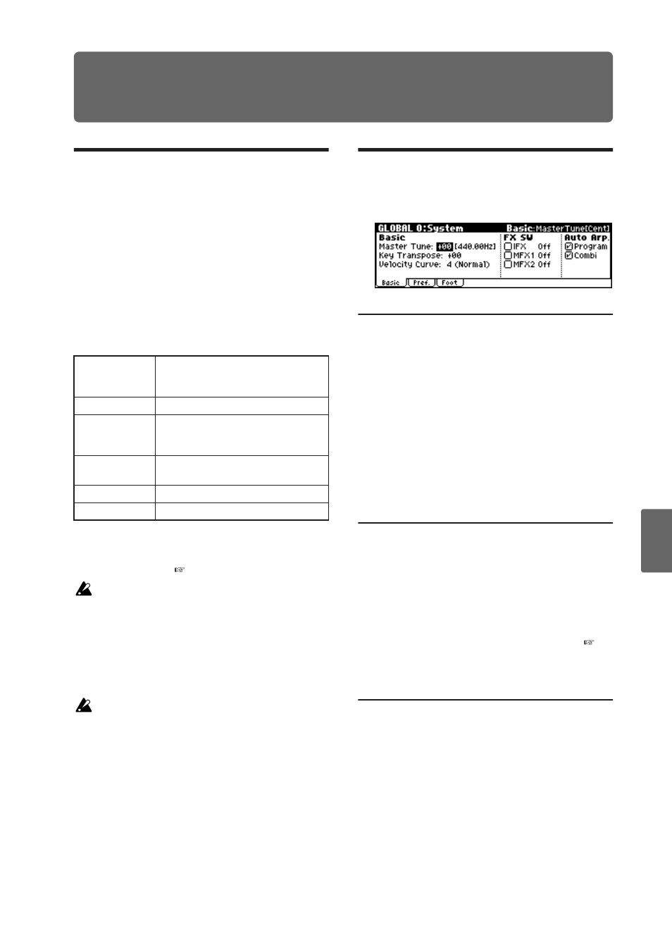 Global mode, How global mode is structured, System setup 0: system | How global mode is struc- tured, Basic page, Tuning to another instrument/trans- posing, Bypassing the effects | KORG X50 User Manual | Page 93 / 132