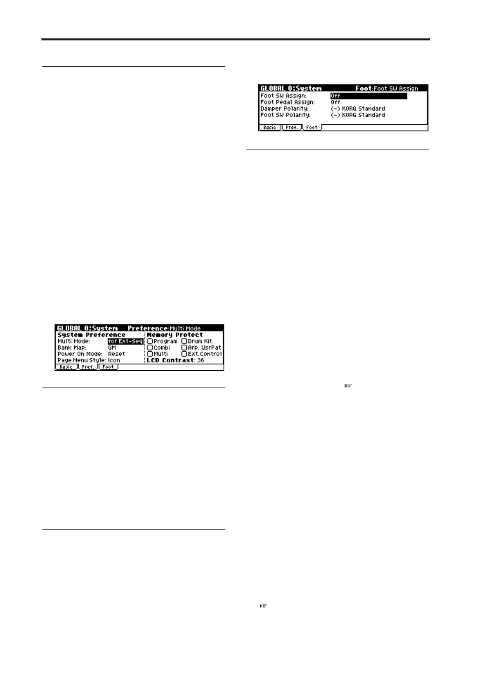 P.88), Ogram” setting, Otect “combination” setting | Otect “multi” setting, Preference page, Foot page | KORG X50 User Manual | Page 94 / 132