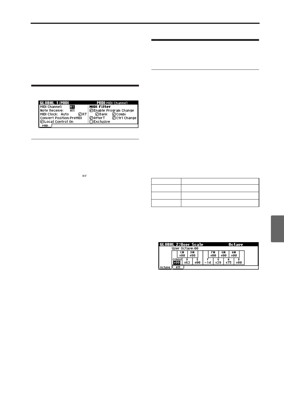 Midi-related settings 1: midi, Creating user scales 2: user scale, Midi setup, midi filter | KORG X50 User Manual | Page 95 / 132