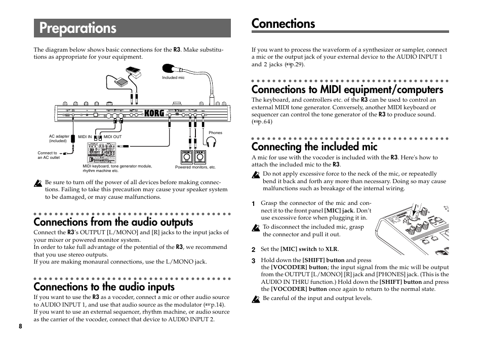Preparations, Connections, Connections from the audio outputs | Connections to the audio inputs, Connections to midi equipment/computers, Connecting the included mic | KORG R3 User Manual | Page 14 / 94