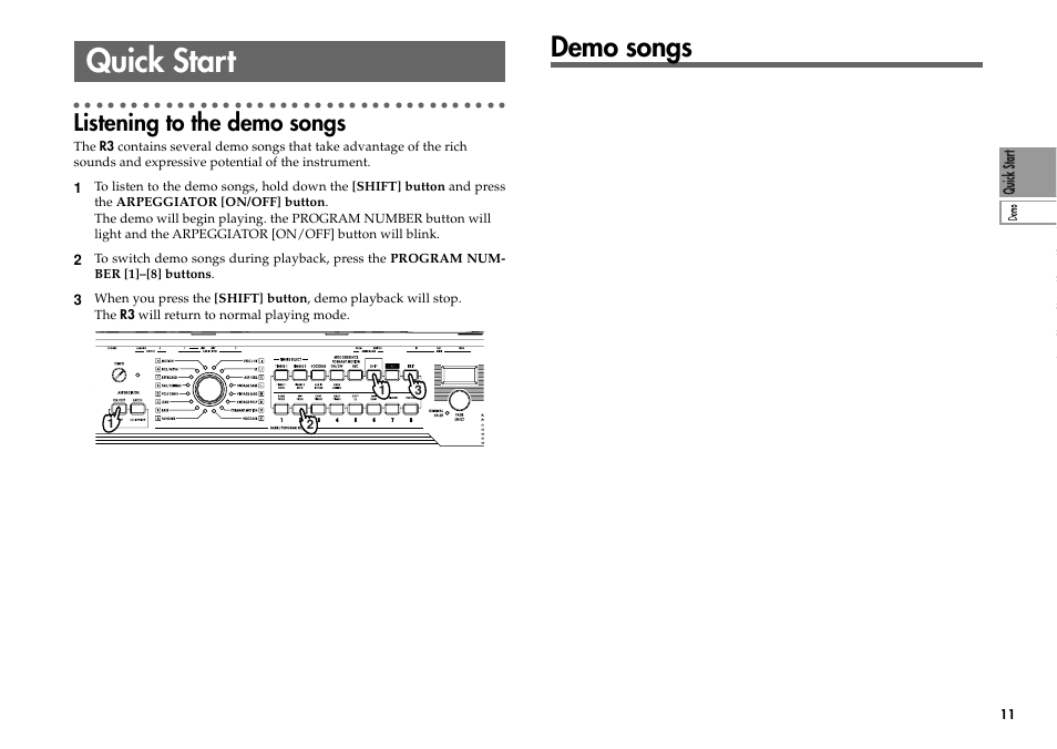 Quick start, Demo songs, Listening to the demo songs | KORG R3 User Manual | Page 17 / 94