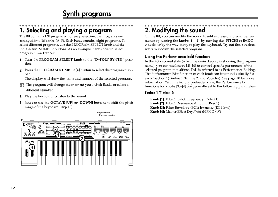 Synth programs, Selecting and playing a program, Modifying the sound | Demo songs | KORG R3 User Manual | Page 18 / 94
