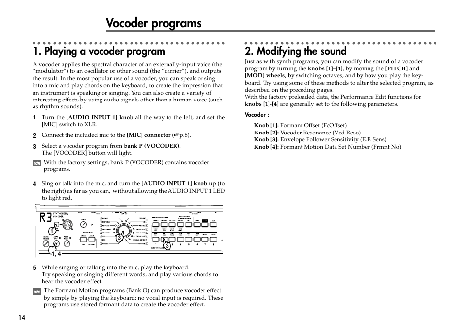 Vocoder programs, Playing a vocoder program, Modifying the sound | Playing a vocoder program 2. modifying the sound | KORG R3 User Manual | Page 20 / 94