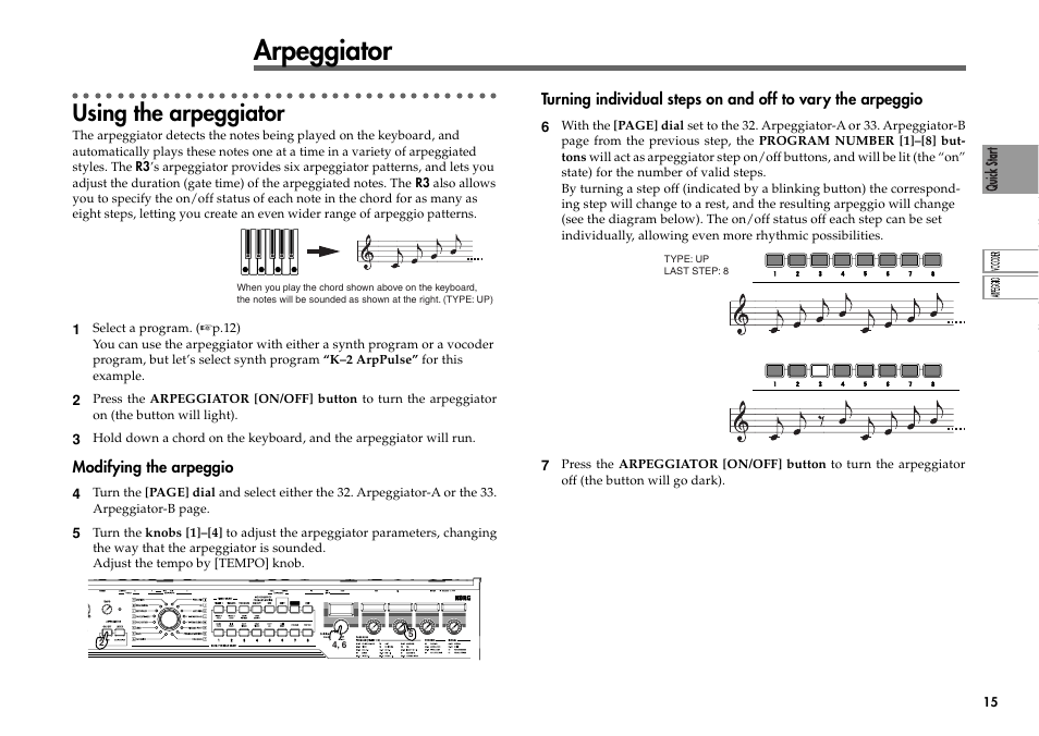 Arpeggiator, Using the arpeggiator | KORG R3 User Manual | Page 21 / 94