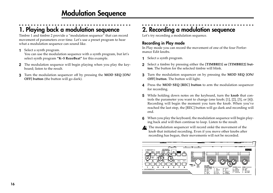 Modulation sequence, Playing back a modulation sequence, Recording a modulation sequence | KORG R3 User Manual | Page 22 / 94