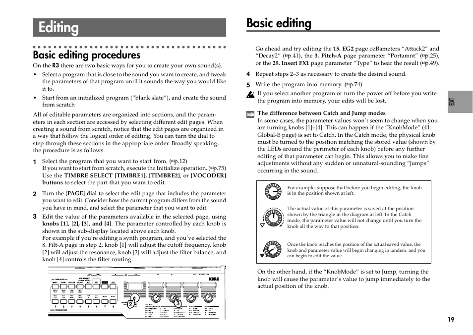 Editing, Basic editing, Basic editing procedures | KORG R3 User Manual | Page 25 / 94