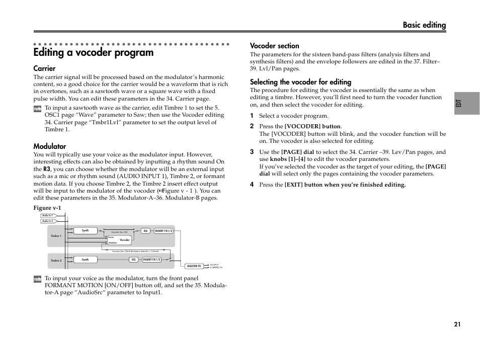 Editing a vocoder program, Basic editing, Carrier | Modulator, Selecting the vocoder for editing | KORG R3 User Manual | Page 27 / 94