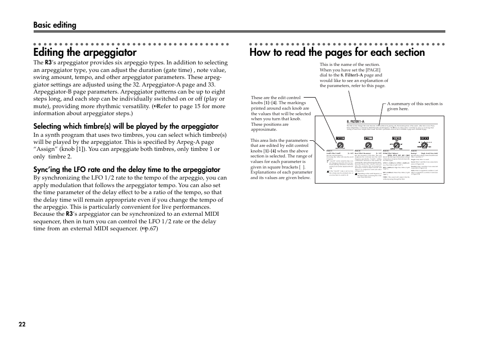 Editing the arpeggiator, Basic editing | KORG R3 User Manual | Page 28 / 94