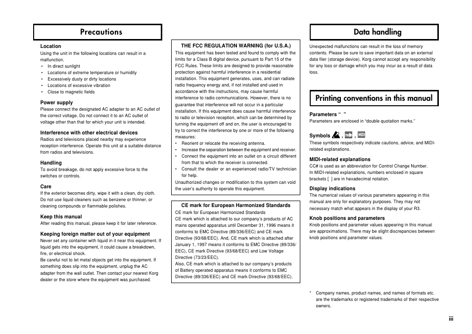 Precautions, Data handling, Printing conventions in this manual | KORG R3 User Manual | Page 3 / 94