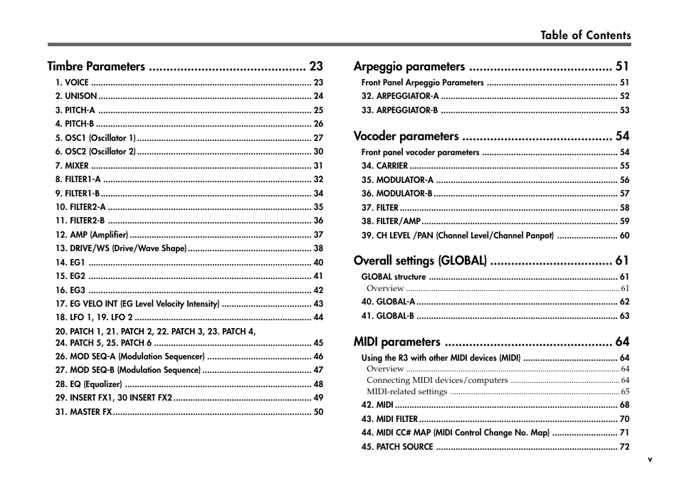 Timbre parameters, Arpeggio parameters, Vocoder parameters | Overall settings (global), Midi parameters | KORG R3 User Manual | Page 5 / 94