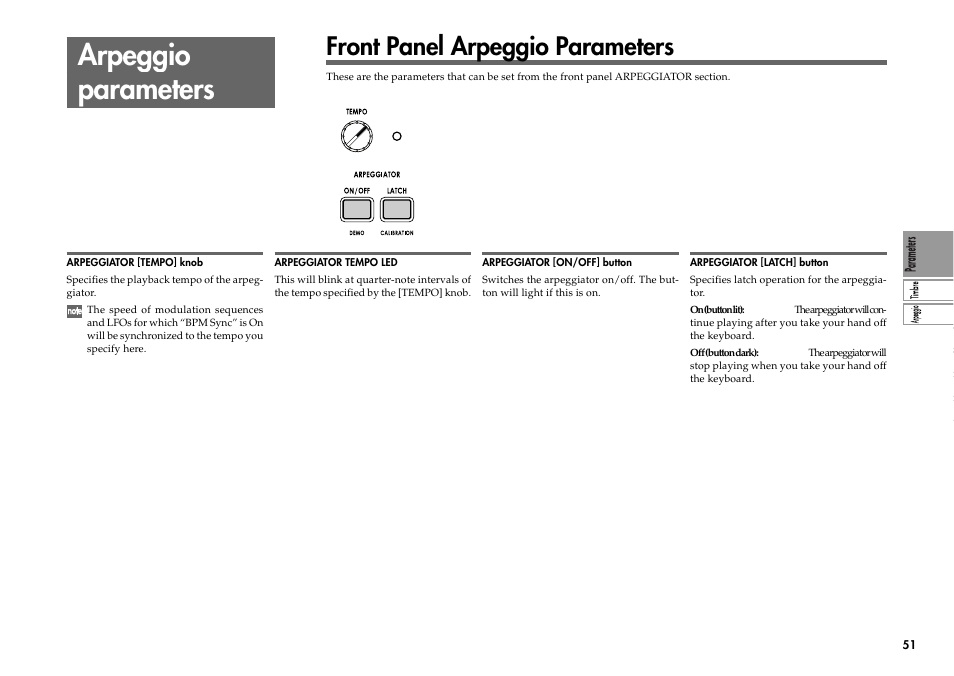 Arpeggio parameters, Front panel arpeggio parameters | KORG R3 User Manual | Page 57 / 94