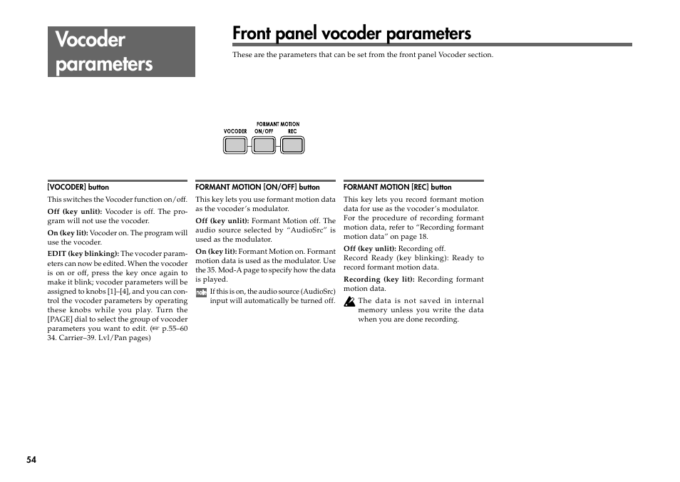 Vocoder parameters, Front panel vocoder parameters | KORG R3 User Manual | Page 60 / 94