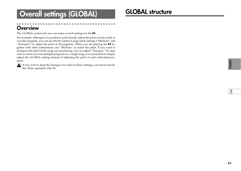 Overall settings (global), Global structure, Overview | KORG R3 User Manual | Page 67 / 94