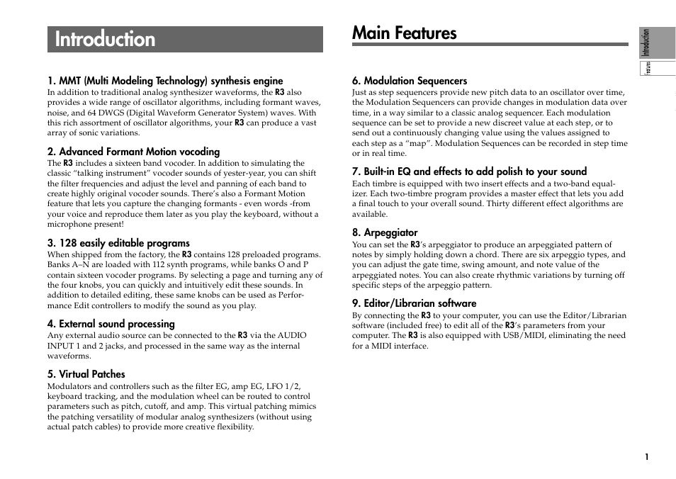 Introduction, Main features | KORG R3 User Manual | Page 7 / 94