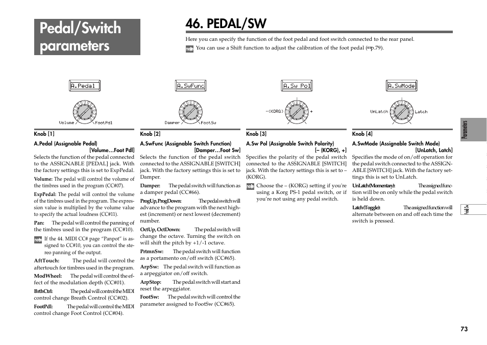 Pedal/switch parameters, Pedal/sw | KORG R3 User Manual | Page 79 / 94