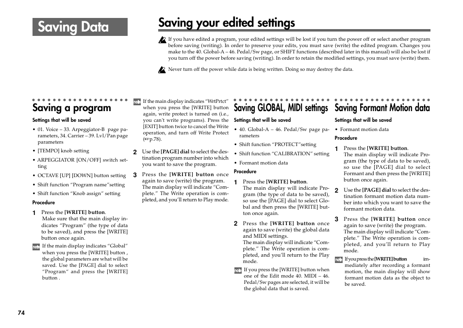 Saving data, Saving your edited settings, Saving a program | Saving global, midi settings, Saving formant motion data | KORG R3 User Manual | Page 80 / 94