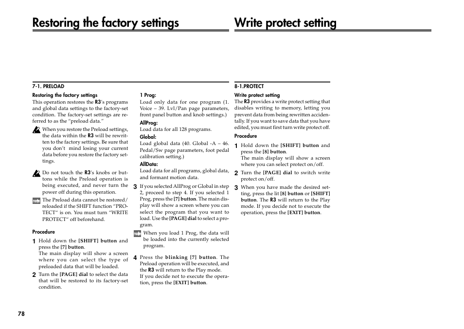Restoring the factory settings, Write protect setting | KORG R3 User Manual | Page 84 / 94
