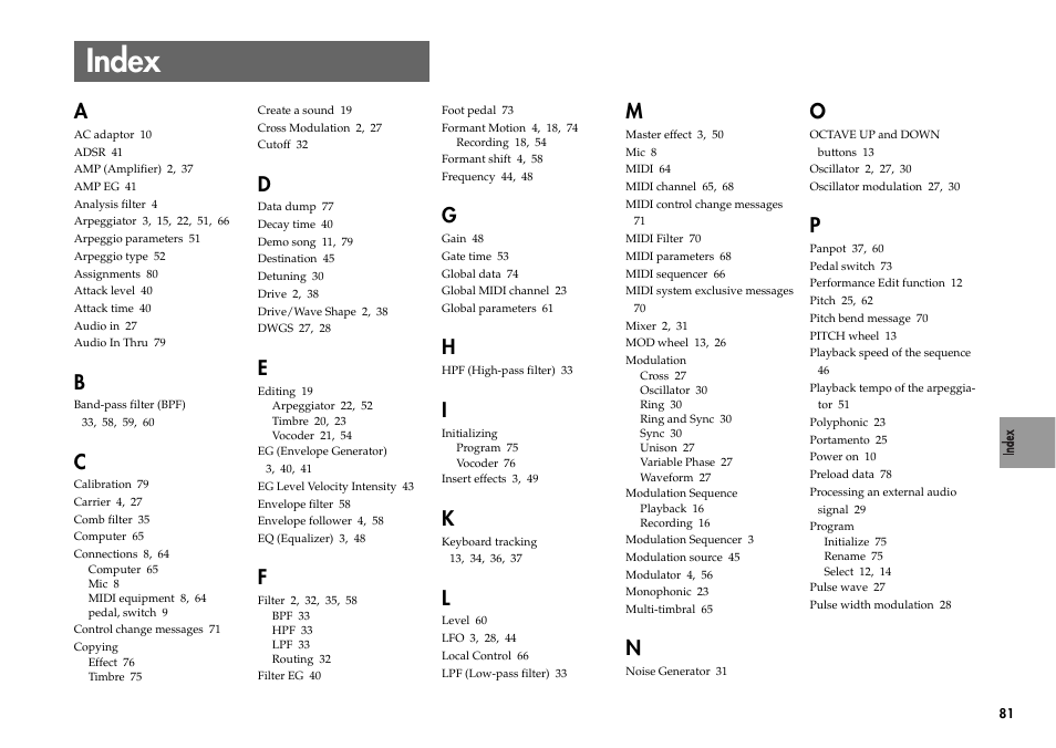 Index | KORG R3 User Manual | Page 87 / 94