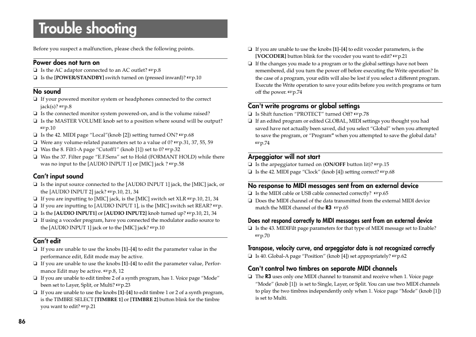 Trouble shooting | KORG R3 User Manual | Page 92 / 94