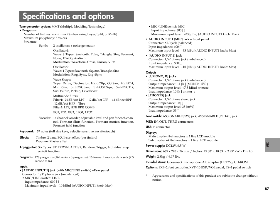 Specifications and options | KORG R3 User Manual | Page 93 / 94