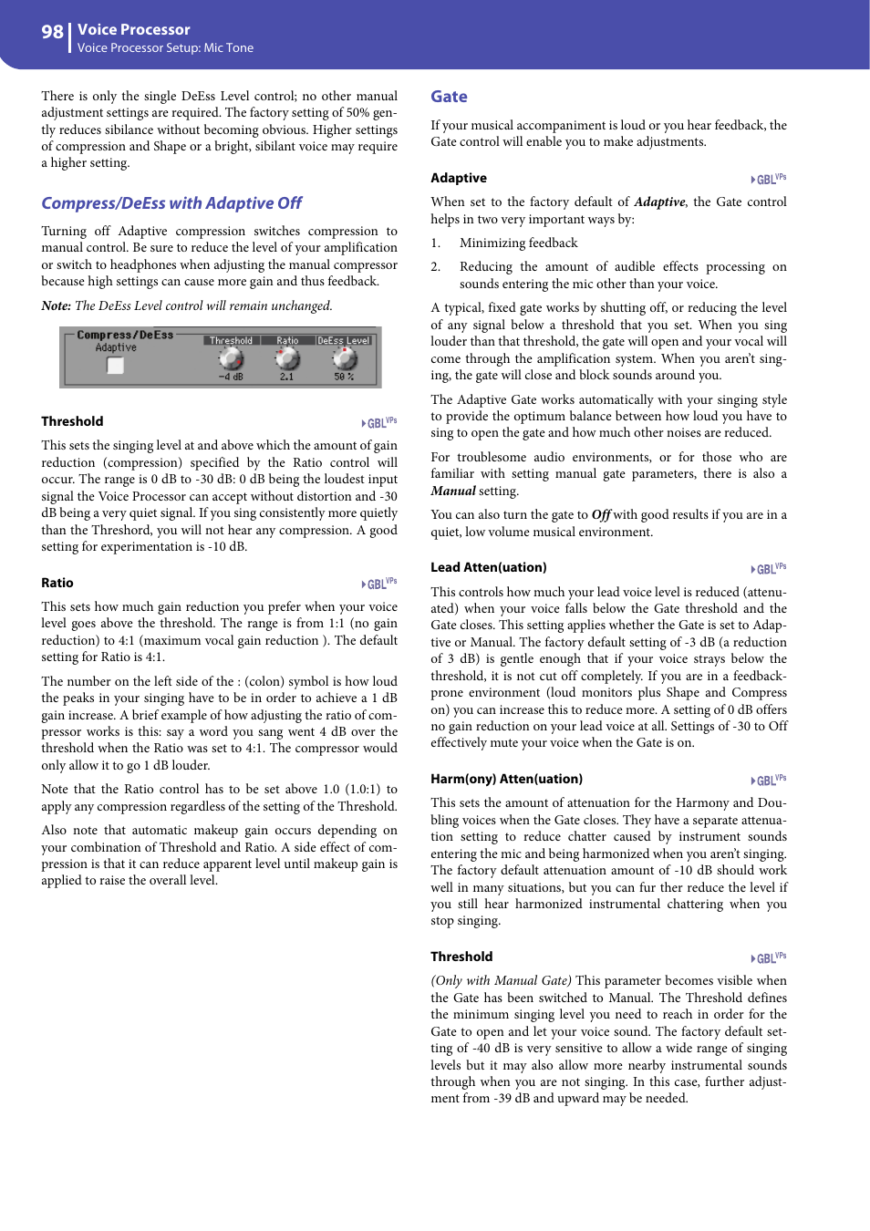 Compress/deess with adaptive off, Gate | KORG Professional Engineer PA3 User Manual | Page 100 / 250