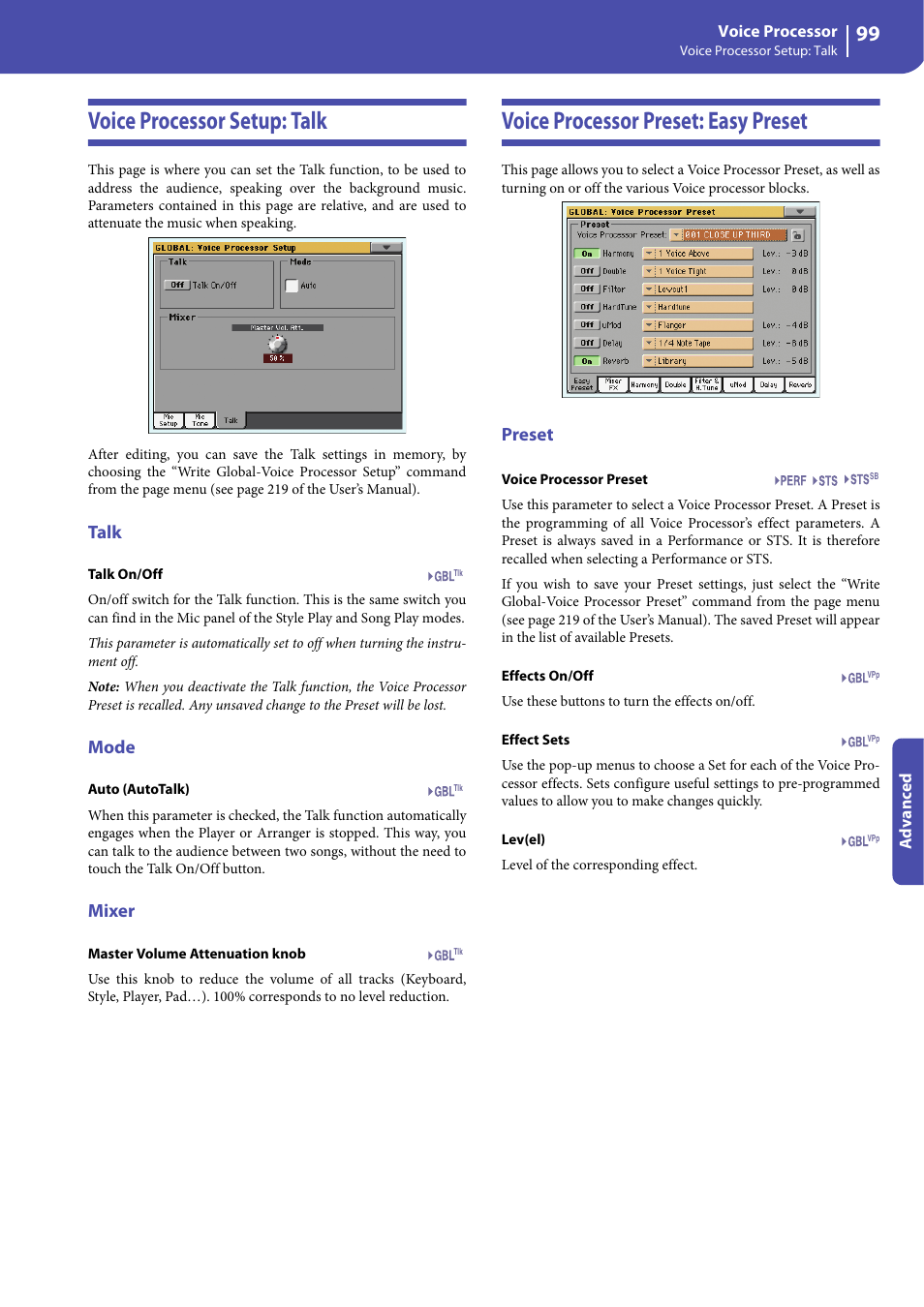 Voice processor setup: talk, Talk, Mode | Mixer, Voice processor preset: easy preset, Preset | KORG Professional Engineer PA3 User Manual | Page 101 / 250