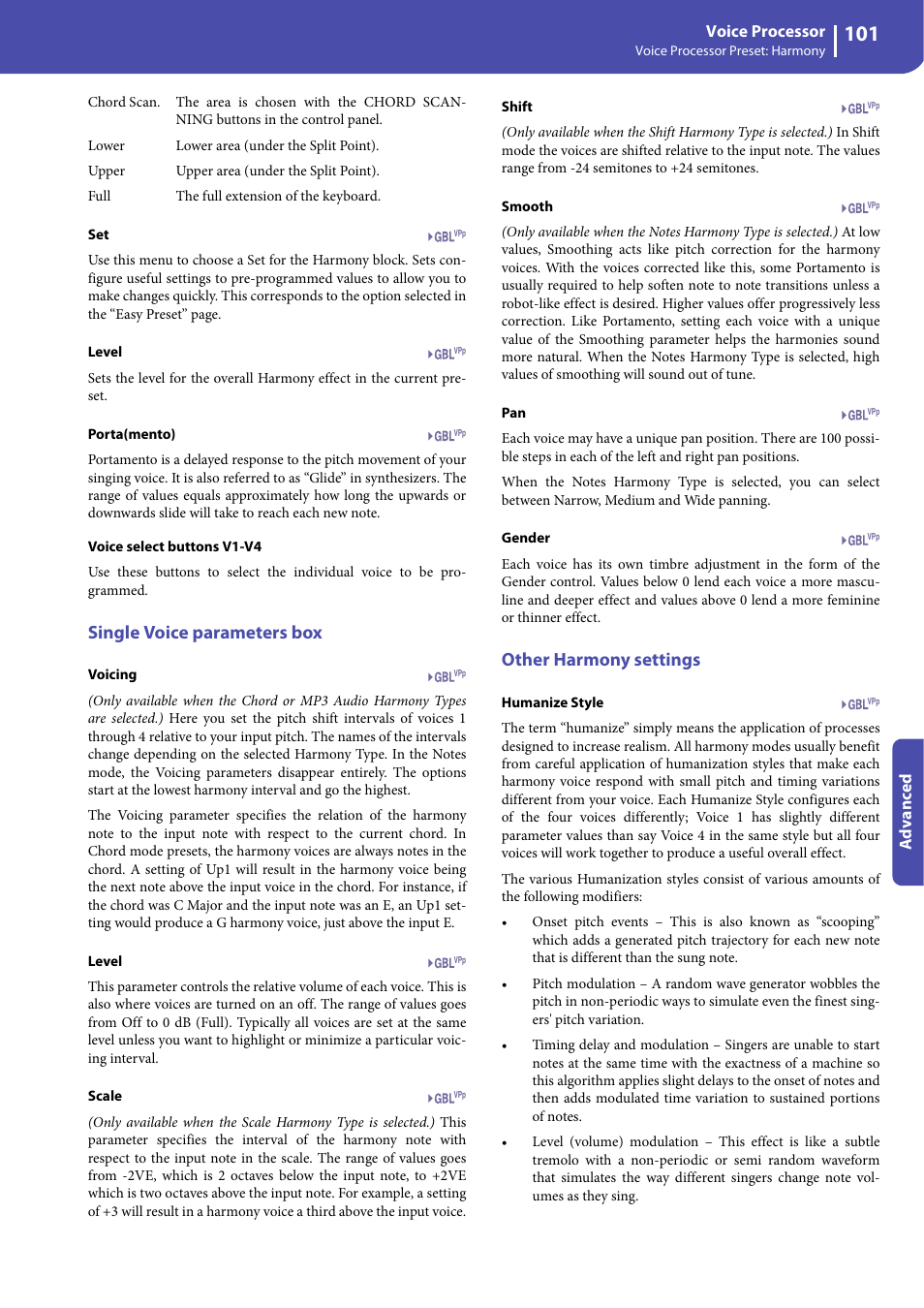 Single voice parameters box, Other harmony settings | KORG Professional Engineer PA3 User Manual | Page 103 / 250