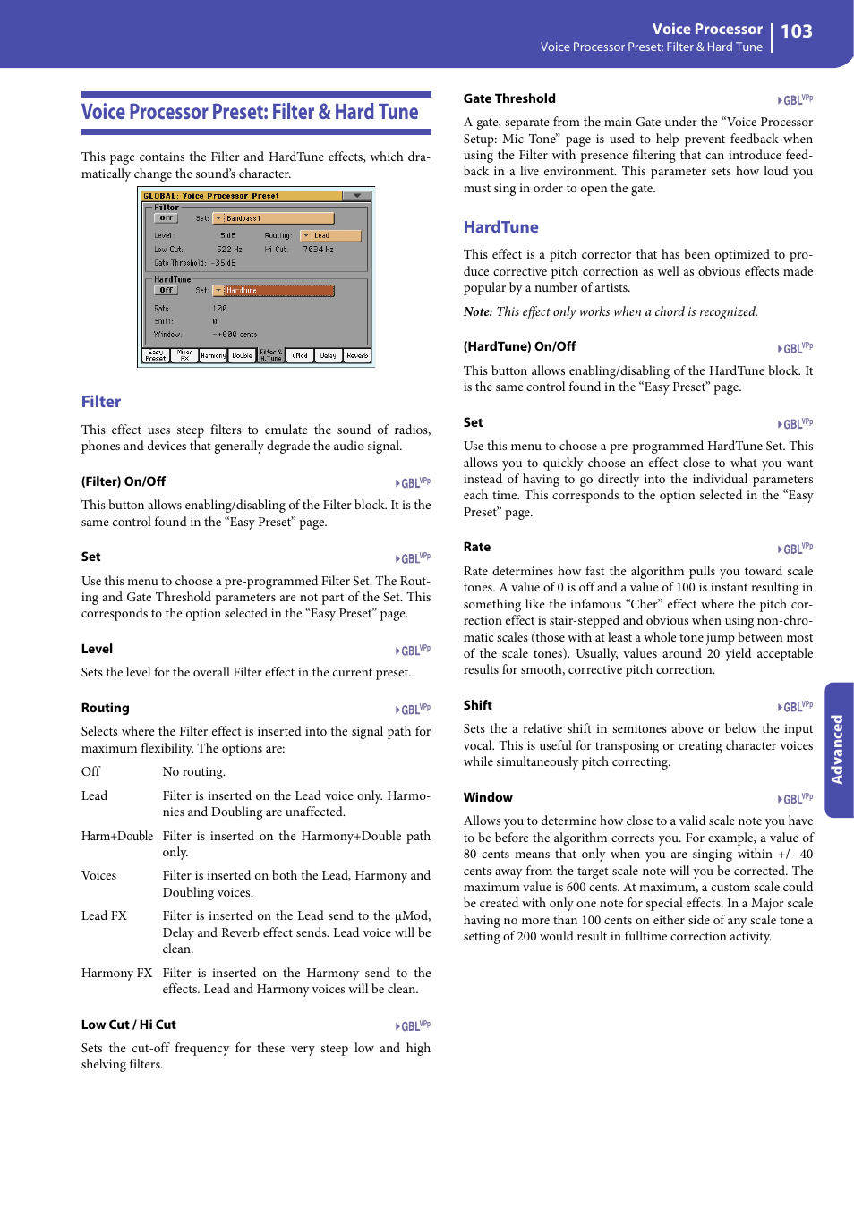 Voice processor preset: filter & hard tune, Filter, Hardtune | KORG Professional Engineer PA3 User Manual | Page 105 / 250