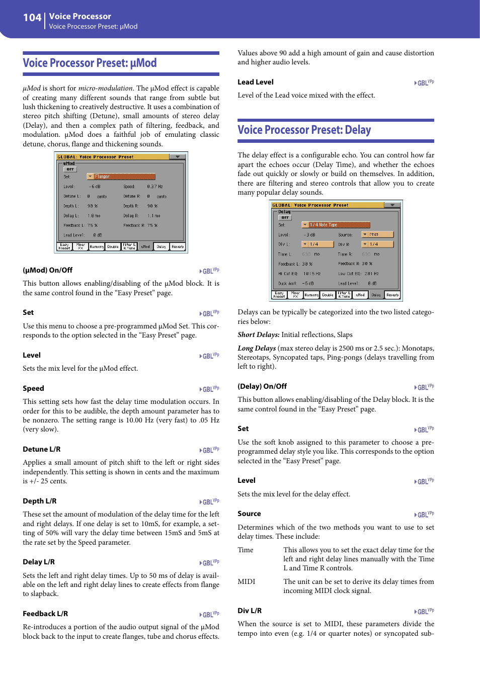 Voice processor preset: µmod, Voice processor preset: delay, Voice processor preset: μmod | KORG Professional Engineer PA3 User Manual | Page 106 / 250