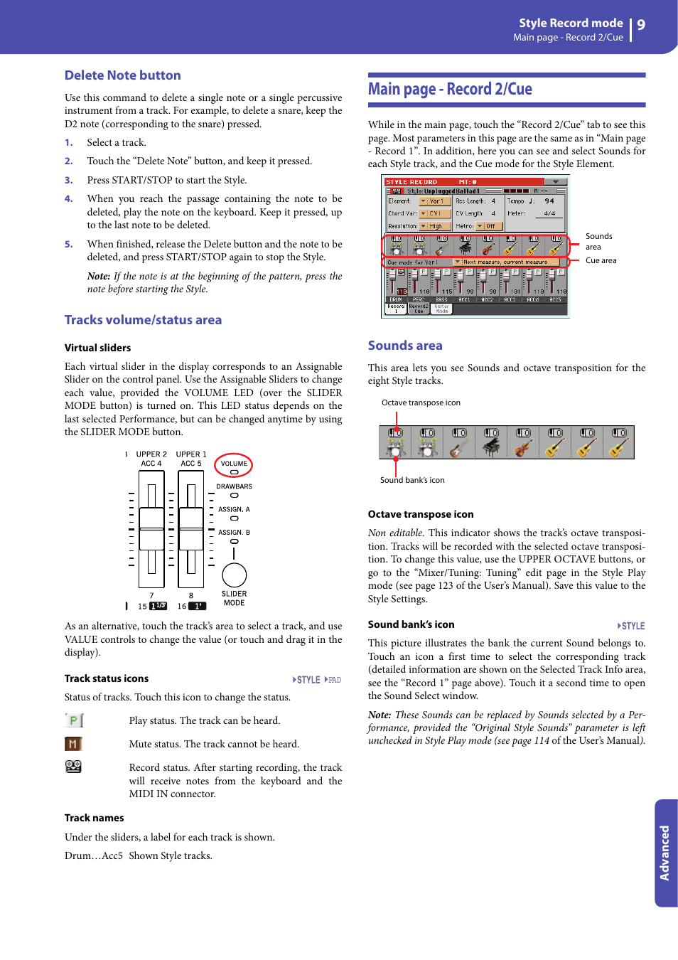 Delete note button, Tracks volume/status area, Sounds area | Main page - record 2/cue | KORG Professional Engineer PA3 User Manual | Page 11 / 250