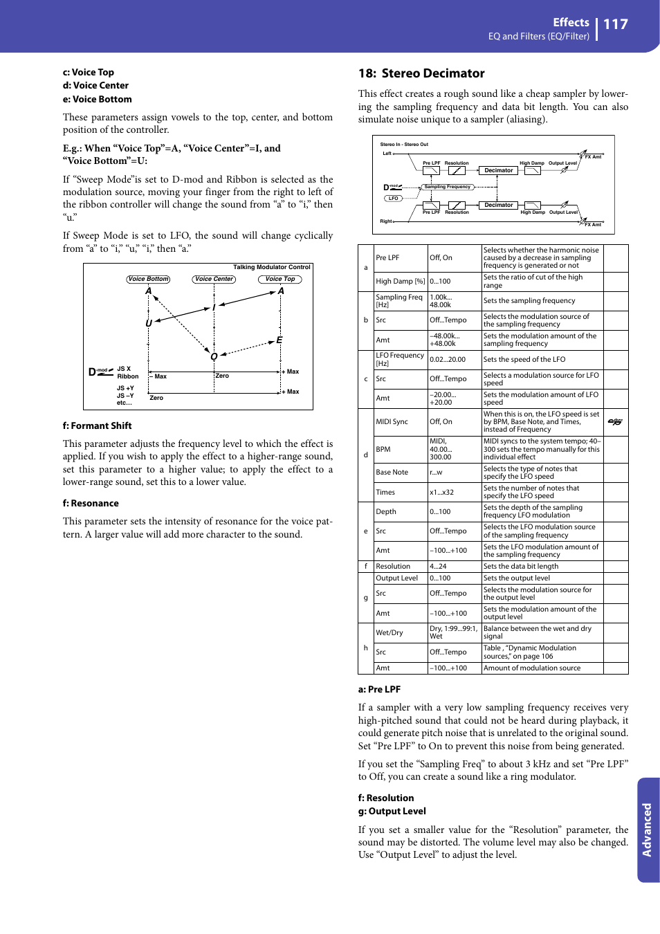 Stereo decimator, Effects, Advanced | KORG Professional Engineer PA3 User Manual | Page 119 / 250