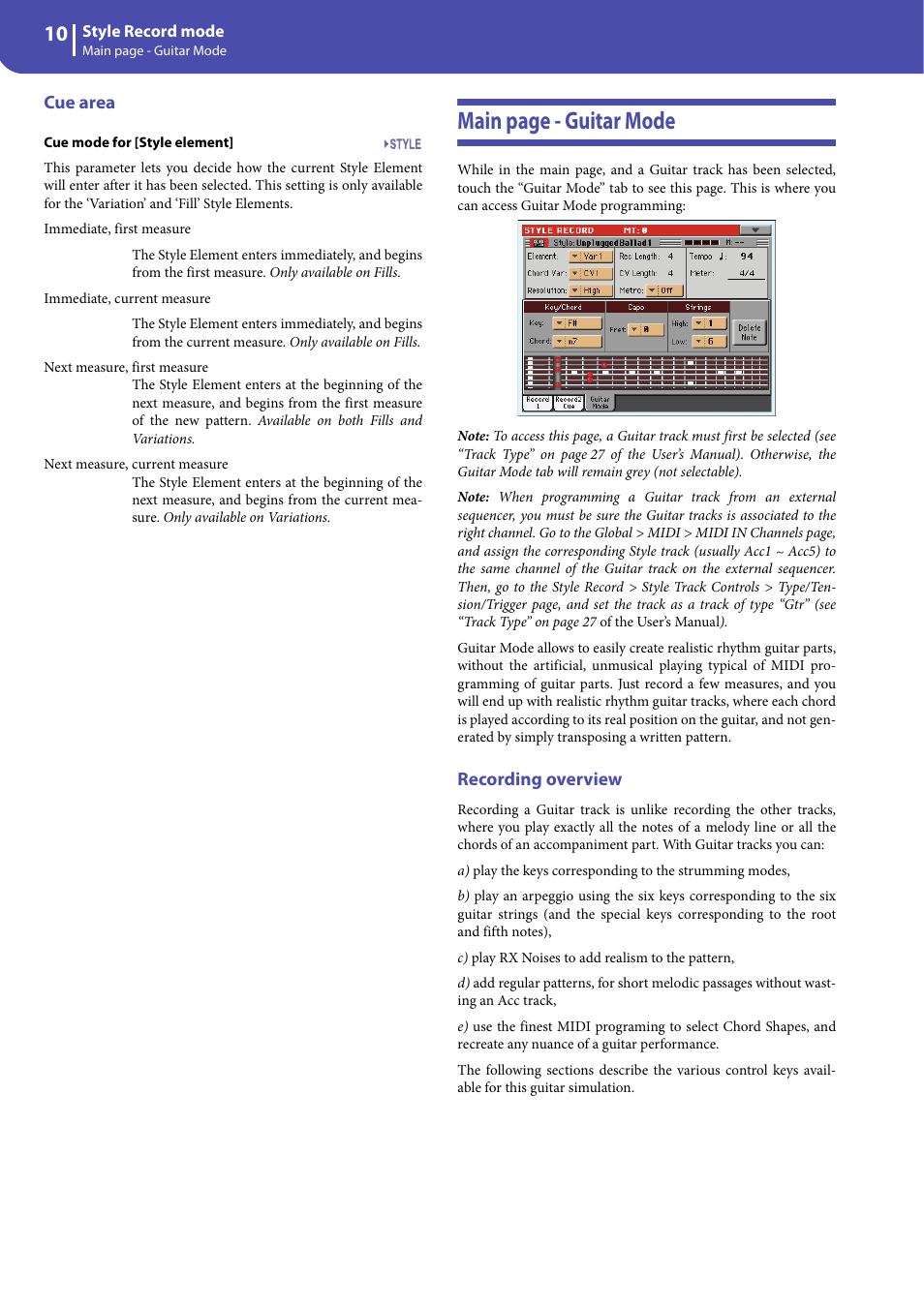 Cue area, Recording overview, Main page - guitar mode | KORG Professional Engineer PA3 User Manual | Page 12 / 250