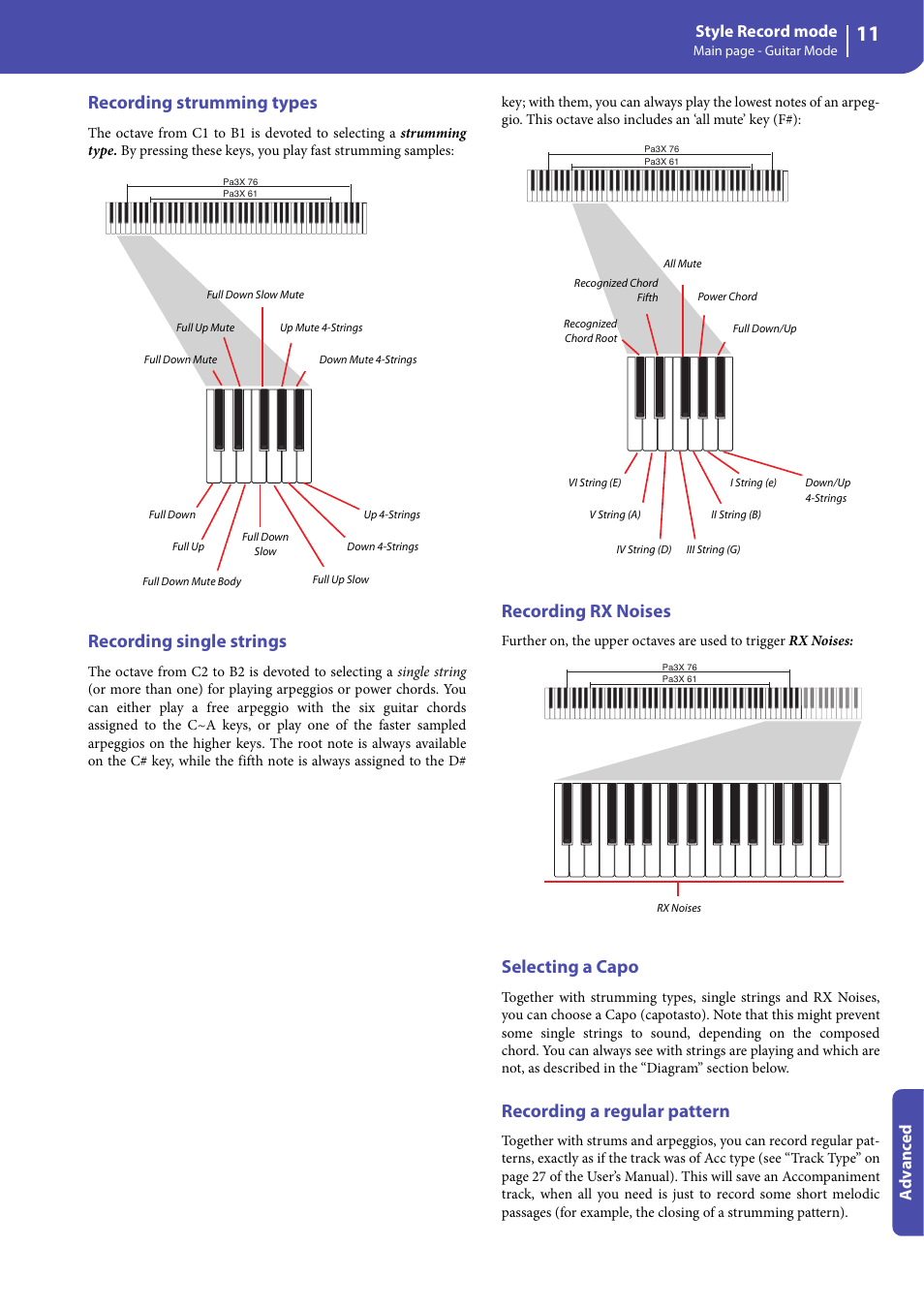 Recording strumming types, Recording single strings, Recording rx noises | Selecting a capo, Recording a regular pattern, Style record mode, Advanced | KORG Professional Engineer PA3 User Manual | Page 13 / 250