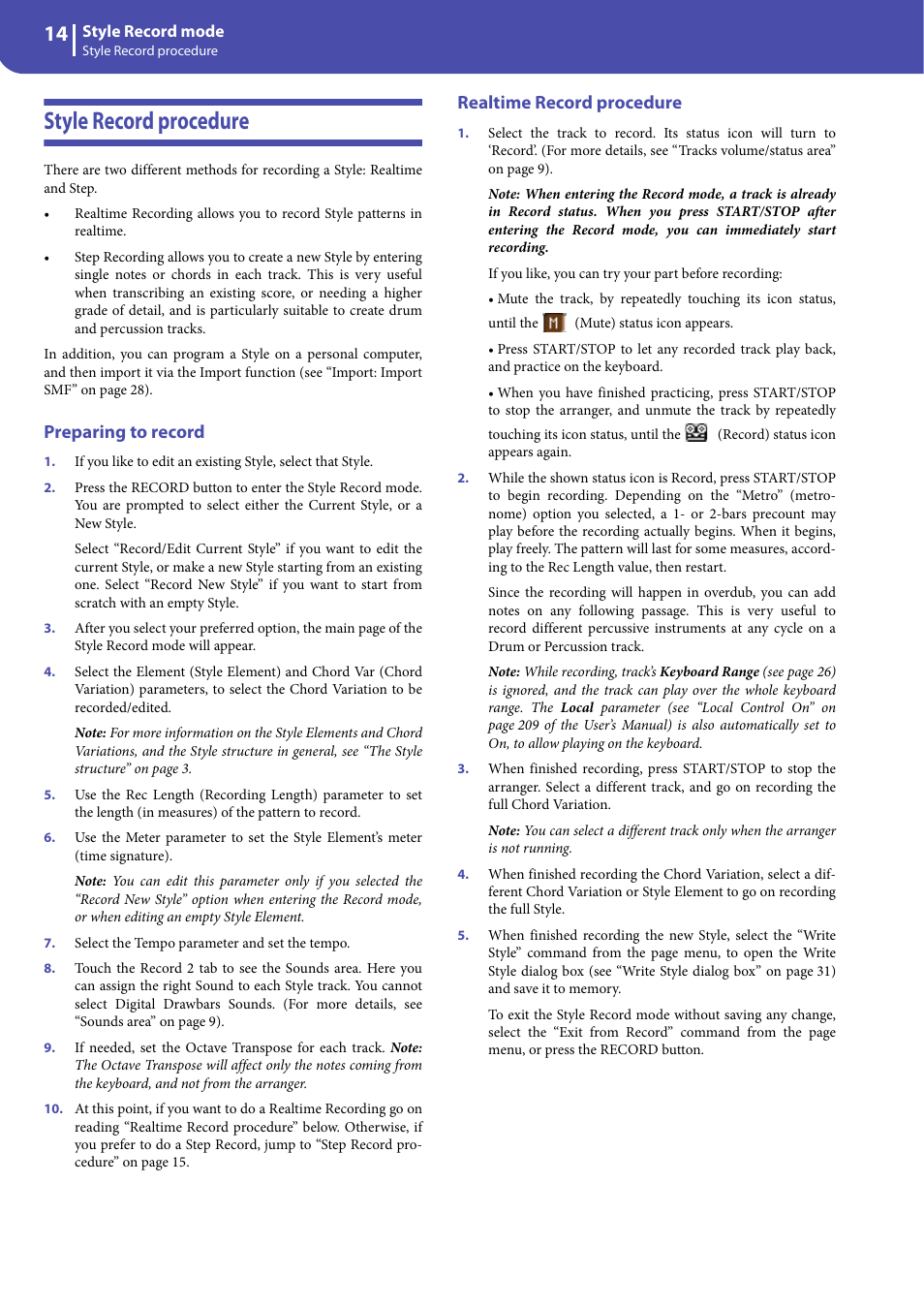 Style record procedure, Preparing to record, Realtime record procedure | KORG Professional Engineer PA3 User Manual | Page 16 / 250