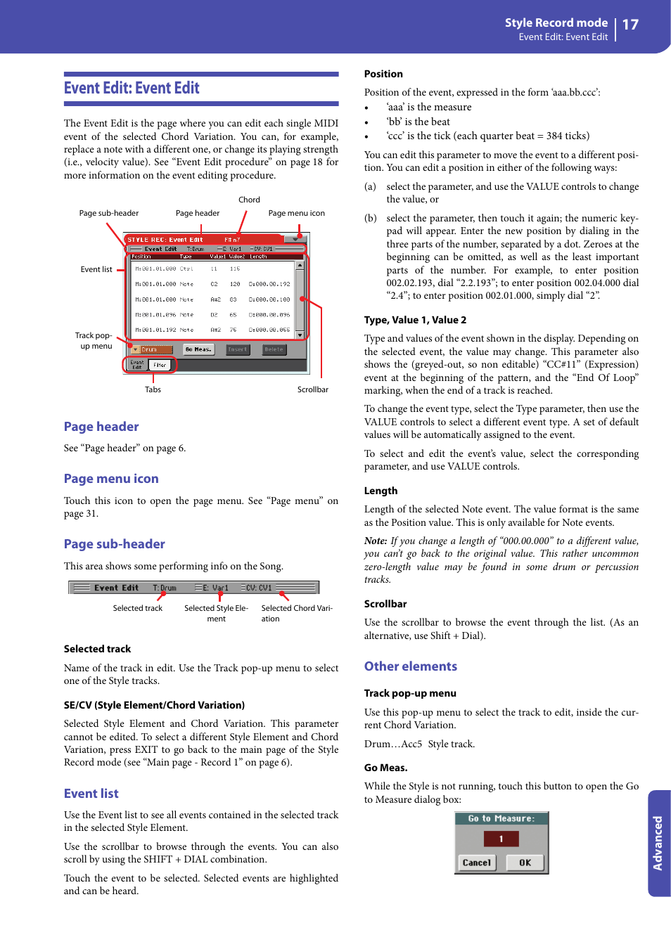 Event edit: event edit, Event list, Other elements | Page header, Page menu icon, Page sub-header | KORG Professional Engineer PA3 User Manual | Page 19 / 250