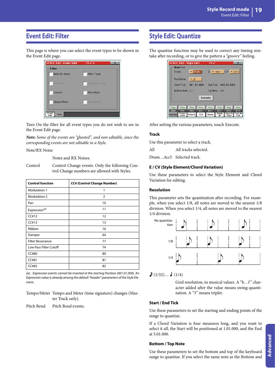 Event edit: filter, Style edit: quantize, Event edit: filter style edit: quantize | KORG Professional Engineer PA3 User Manual | Page 21 / 250