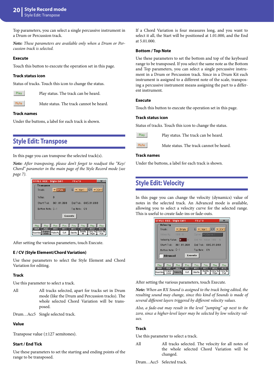 Style edit: transpose, Style edit: velocity, Style edit: transpose style edit: velocity | KORG Professional Engineer PA3 User Manual | Page 22 / 250