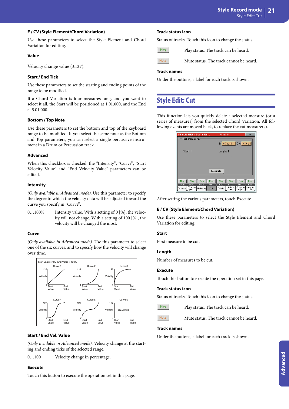 Style edit: cut, Style record mode, Advanced | KORG Professional Engineer PA3 User Manual | Page 23 / 250