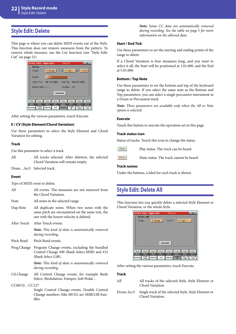 Style edit: delete, Style edit: delete all, Style edit: delete style edit: delete all | KORG Professional Engineer PA3 User Manual | Page 24 / 250