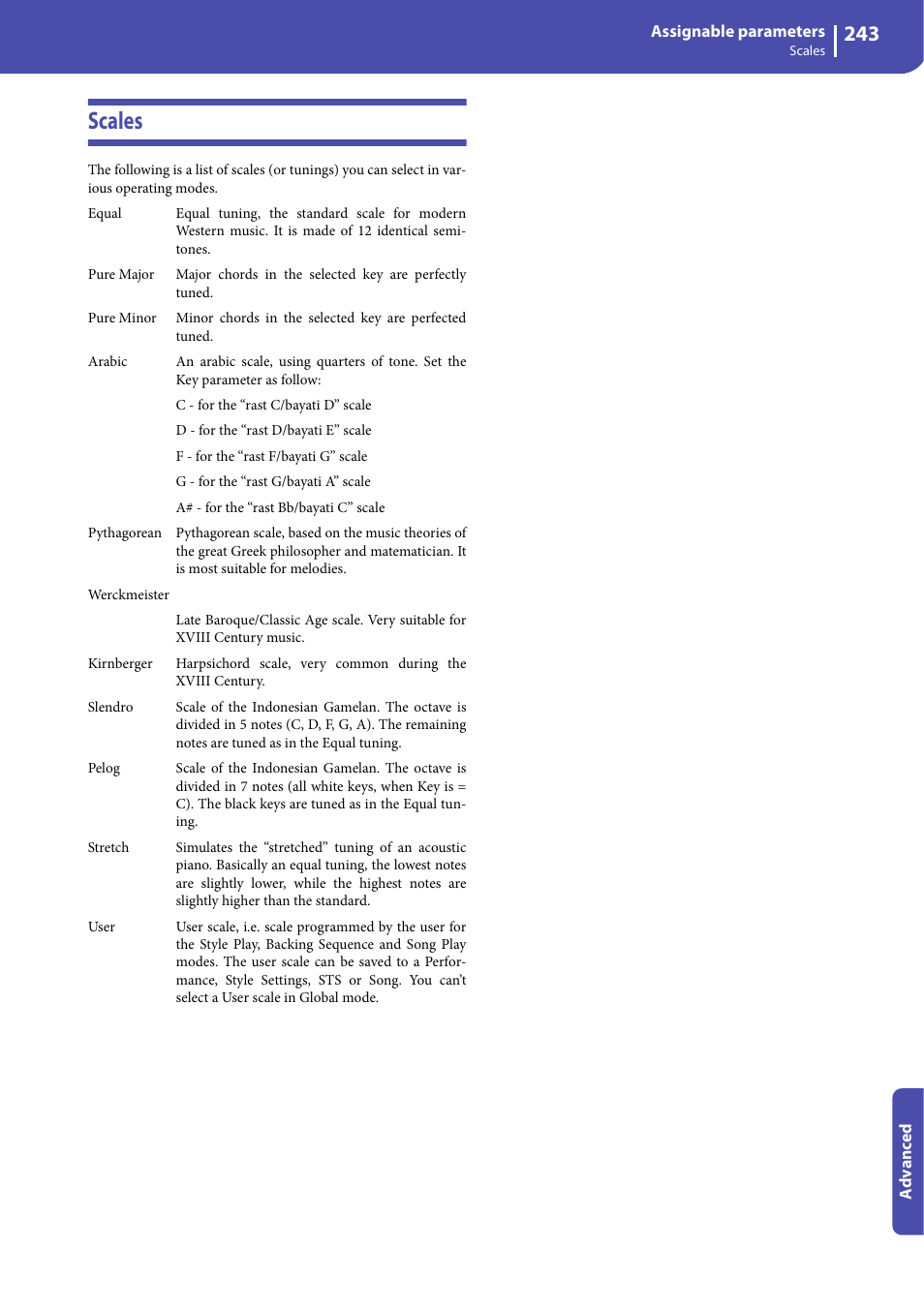 Scales | KORG Professional Engineer PA3 User Manual | Page 245 / 250