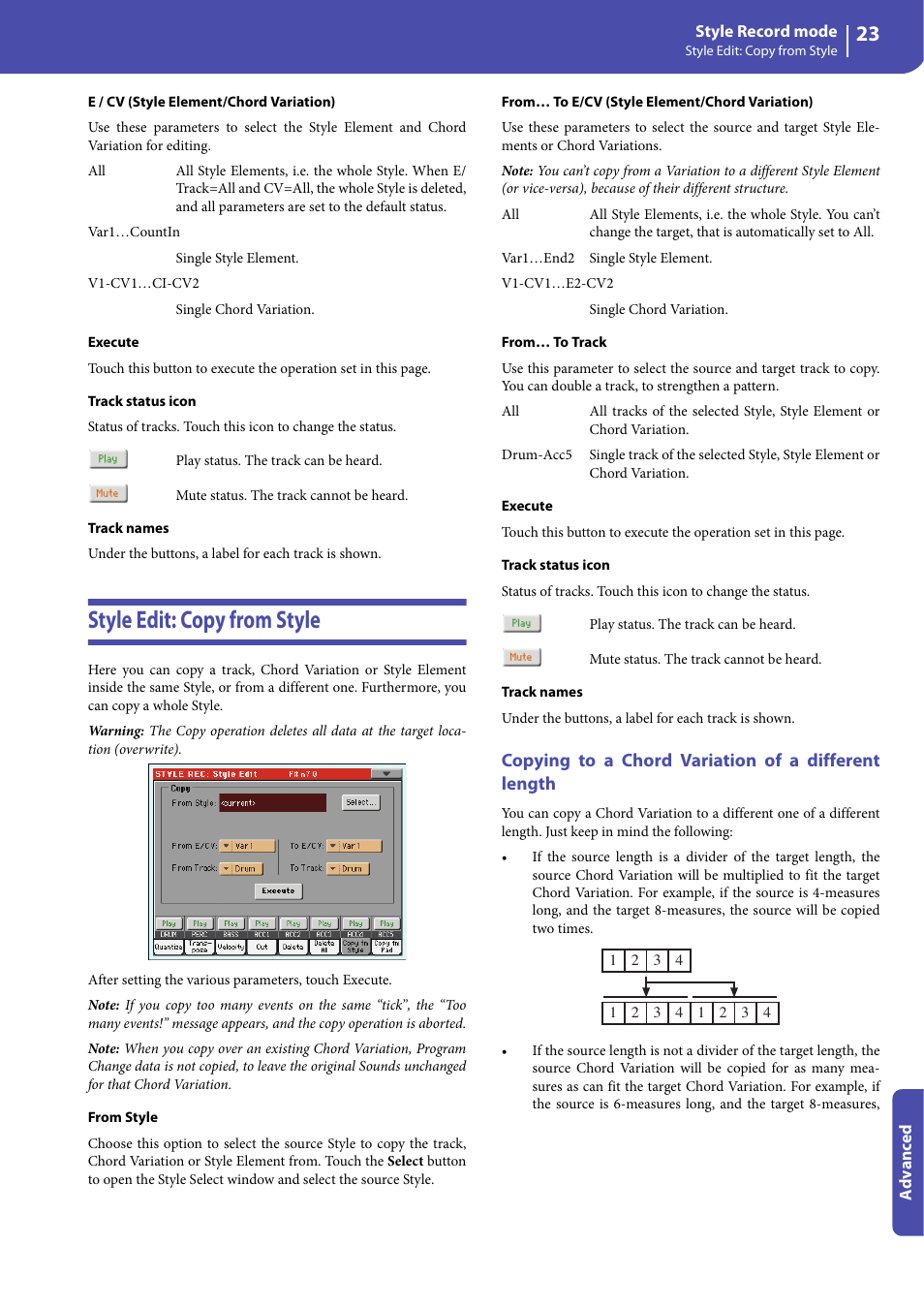 Style edit: copy from style, Copying to a chord variation of a different length | KORG Professional Engineer PA3 User Manual | Page 25 / 250