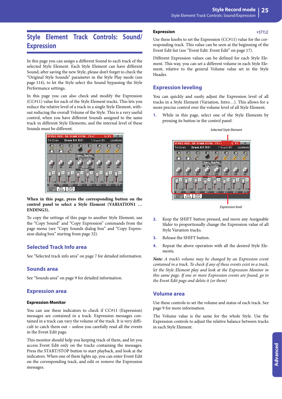 Style element track controls: sound/ expression, Selected track info area, Sounds area | Expression area, Expression leveling, Volume area, Style element track controls: sound/expression | KORG Professional Engineer PA3 User Manual | Page 27 / 250